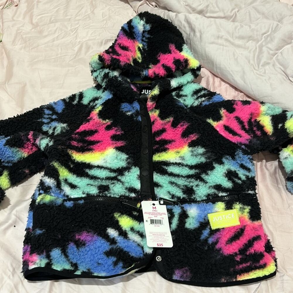 Justice M 10 black neon tie dye fleece snap up hooded jacket pockets NWT perfect